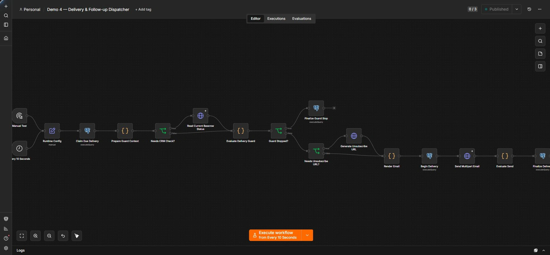 The real delivery workflow checking Baserow human status and unsubscribe state before sending.